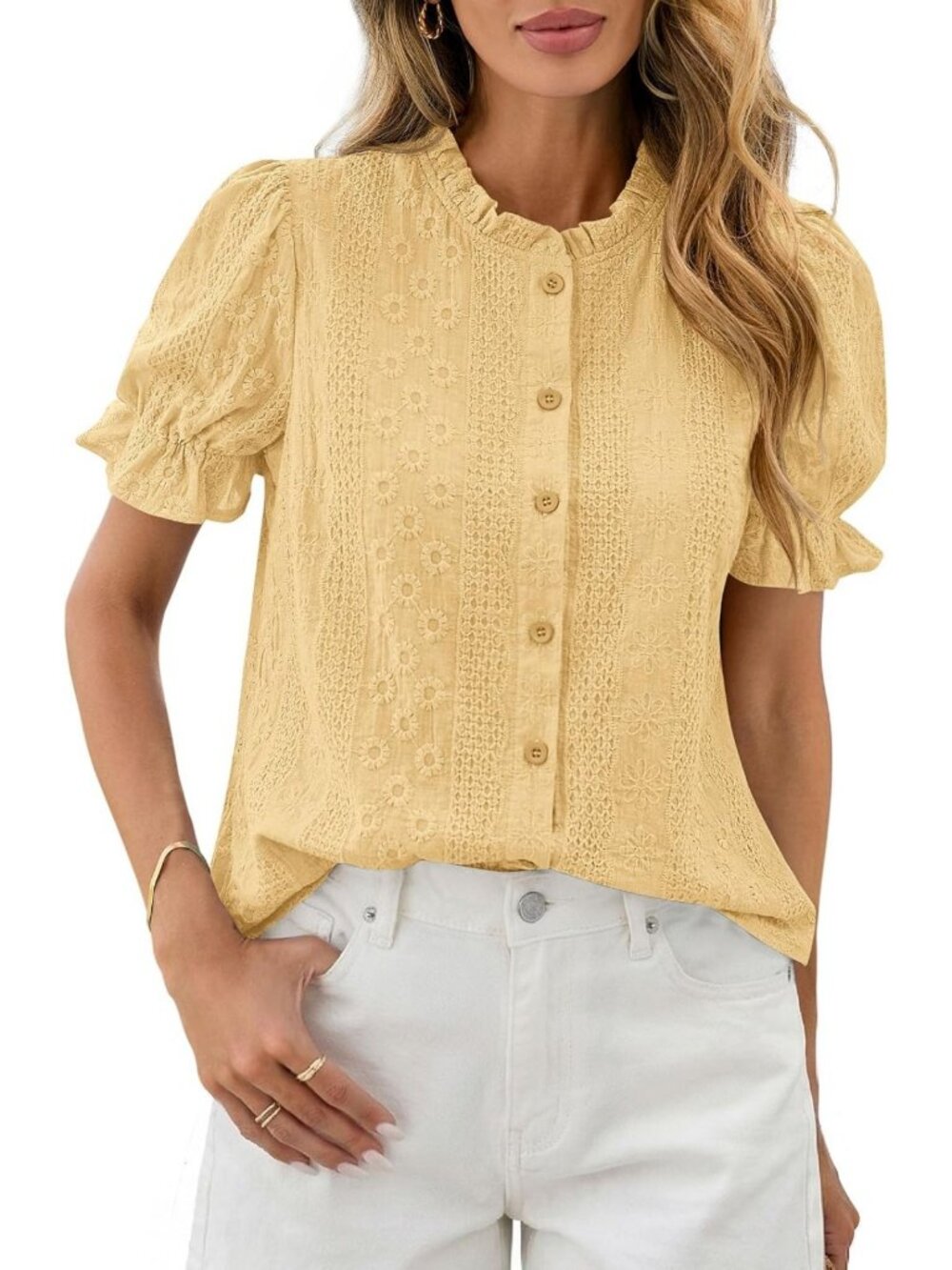 Embroidered Puff Sleeve Top for Women | Trendy Short Sleeve Blouse